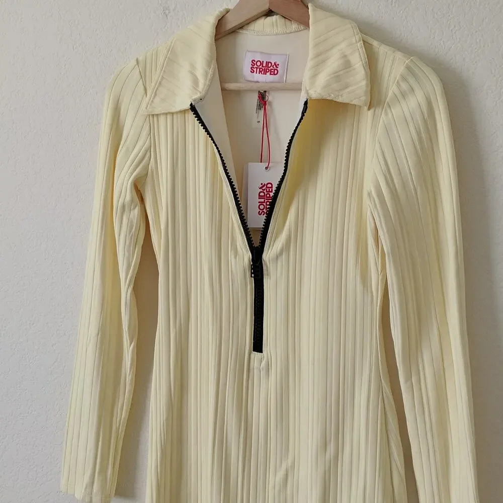 Solid & Striped Long Sleeve Ribbed Polo Zip Up Dress Mini In Blonde Rib NEW $198